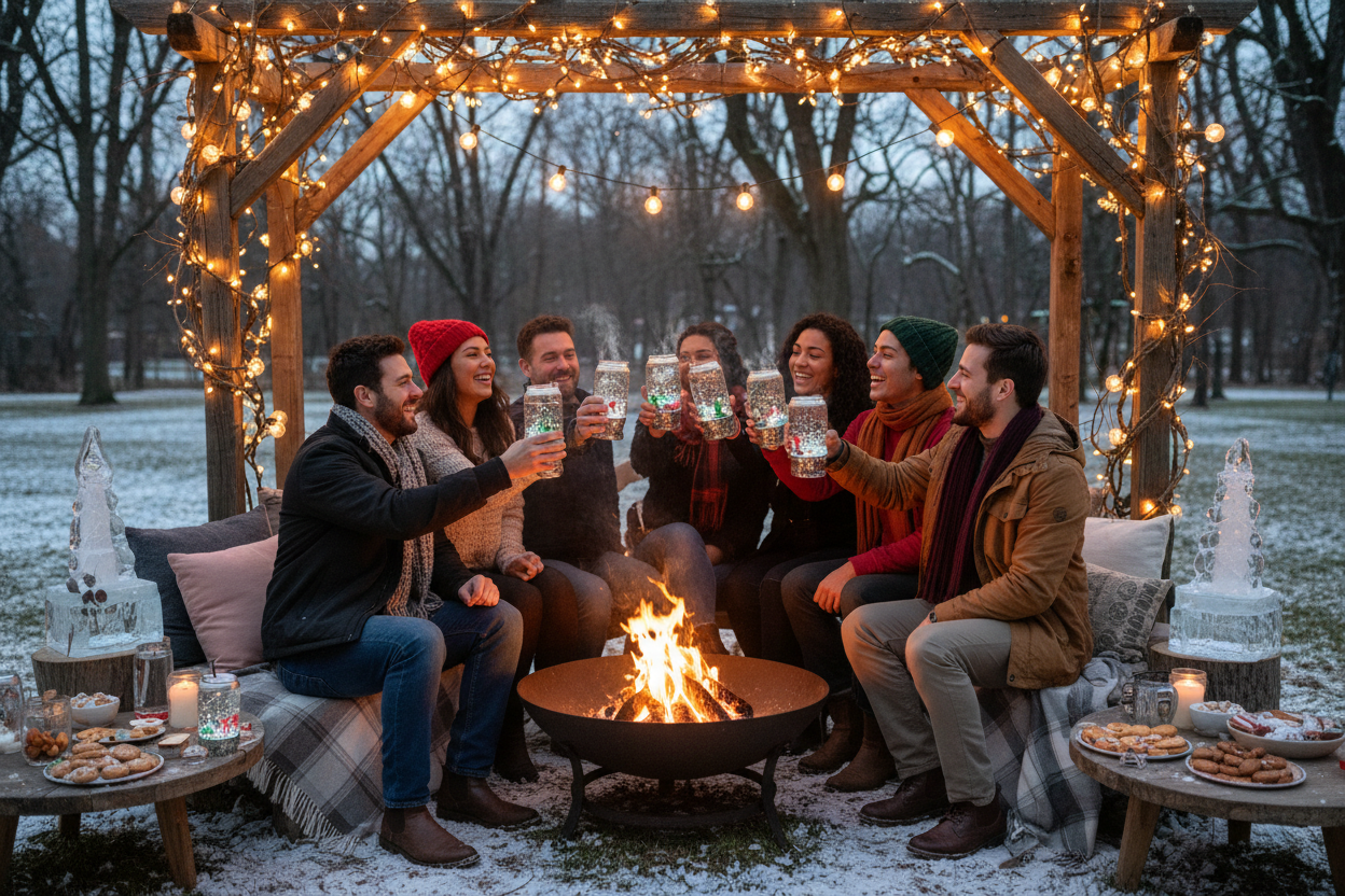group of people holding snowglobe tumblers at outside gathering