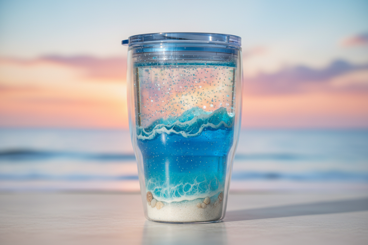 snowglobe tumbler with a ocean background